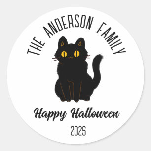 Halloween Scary Black Cat Personalized Name Classic Round Sticker