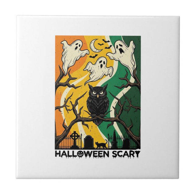 Halloween Scary Black Owl Ghosts Graveyard_1 Tile (Front)