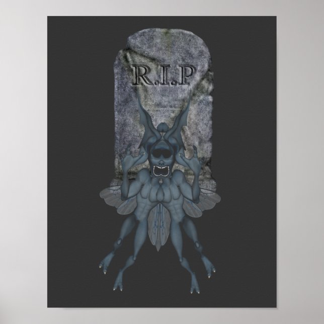 Halloween Scary Blue Goblin Creature Tombstone Poster (Front)