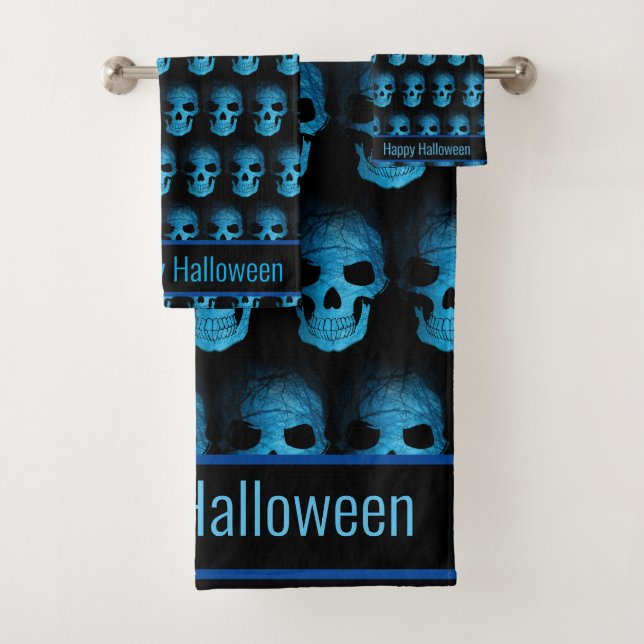Halloween Scary Blue Night Skull Bath Towel Set (Insitu)