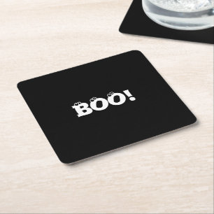 Halloween Scary Boo! eyeballs black white Square Paper Coaster