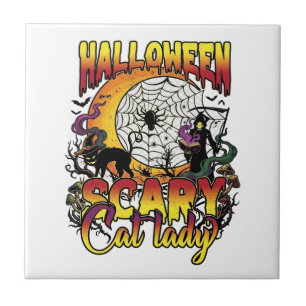 Halloween Scary Cat Lady Grim Reaper Moon Magic Bo Tile