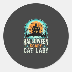 Halloween Scary Cat Lady Haunted House Design_1 Classic Round Sticker