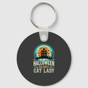 Halloween Scary Cat Lady Haunted House Design_1 Key Ring