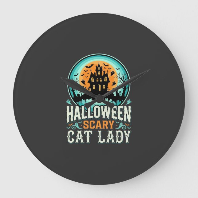 Halloween Scary Cat Lady Haunted House Design_1 Large Clock (Front)
