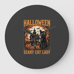 Halloween Scary Cat Lady Vintage Design Large Clock