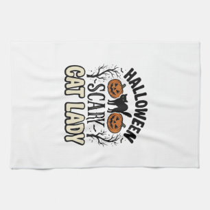 Halloween Scary Cat Lady Vintage Vector Design_1 Tea Towel
