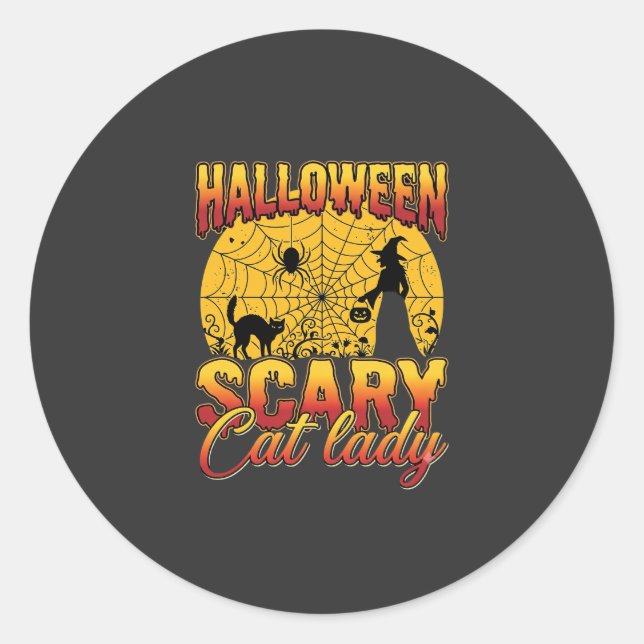 Halloween Scary Cat Lady Witch Spider Web Classic Round Sticker (Front)