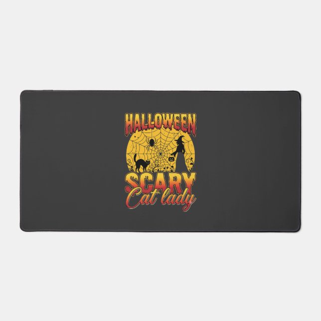Halloween Scary Cat Lady Witch Spider Web Desk Mat (Front)