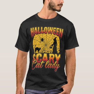 Halloween Scary Cat Lady Witch Spider Web T-Shirt