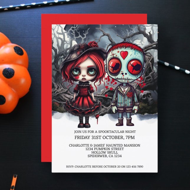 Halloween Scary Doll Couple In Woods Invitation (Halloween Scary Doll Couple In Woods Invitation from Ricaso. Cute but haunting toy dolls in forest.)