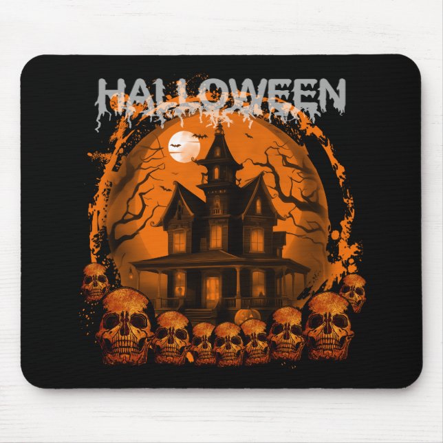 HALLOWEEN SCARY HAUNTED HOUSE SKULLS MOUSE MAT (Front)