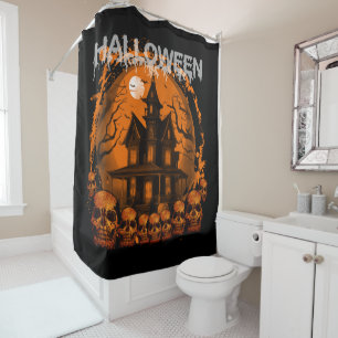 HALLOWEEN SCARY HAUNTED HOUSE SKULLS SHOWER CURTAIN