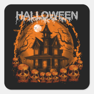 HALLOWEEN SCARY HAUNTED HOUSE SKULLS SQUARE STICKER