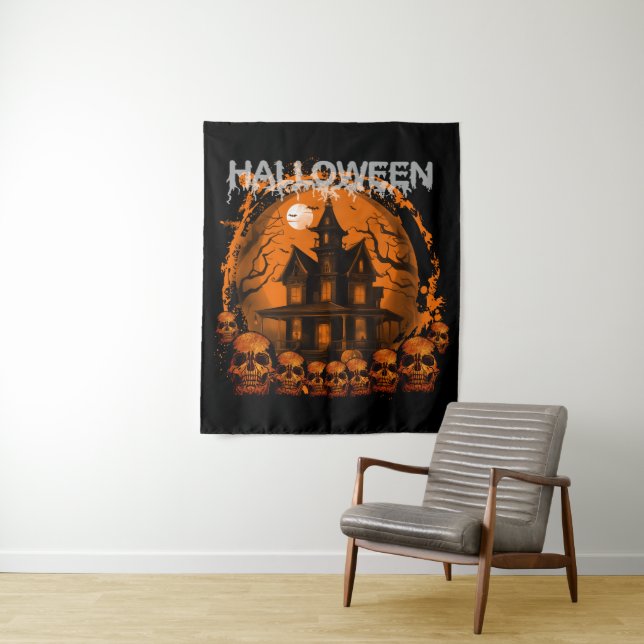 HALLOWEEN SCARY HAUNTED HOUSE SKULLS TAPESTRY (In Situ)