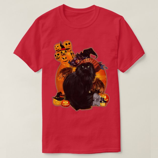 Halloween Scary Moon Witch Black Cat With Pumpkin  T-Shirt (Design Front)
