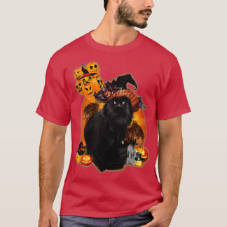 Halloween Scary Moon Witch Black Cat With Pumpkin  T-Shirt