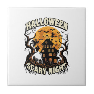 Halloween Scary Night Haunted House Full Moon Witc Tile