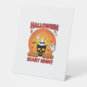 Halloween Scary Night Skull Witch Hat Pumpkins Gho Pedestal Sign