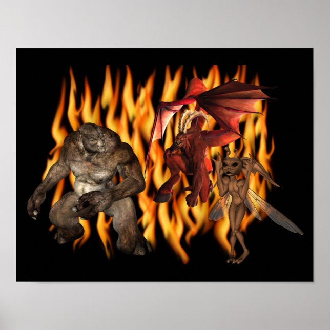 Halloween Scary Ogre And Demons In Flames Poster (Front)