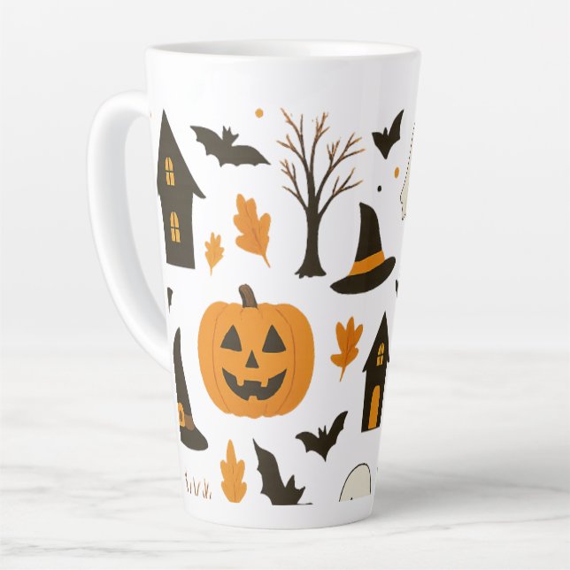Halloween Scary Pattern – Spooky & Festive Latte Mug (Left Angle)