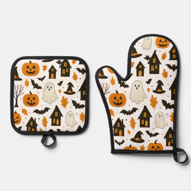 Halloween Scary Pattern – Spooky & Festive Oven Mitt & Pot Holder Set (Front)