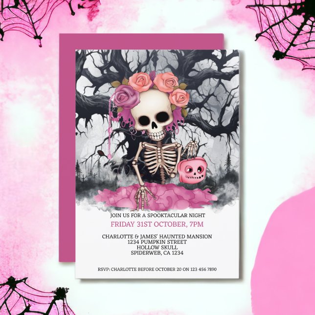 Halloween Scary Pink Skeleton And Haunted Tree Invitation (Halloween Scary Pink Skeleton And Haunted Tree Invitations from Ricaso)