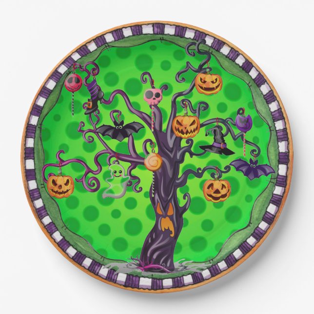 Halloween Scary Pumpkin Tree Paper Plate (Front)