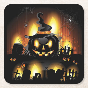 Halloween - Scary Pumpkins w/Hat All Options Square Paper Coaster