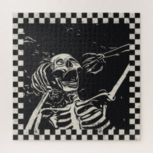 Halloween Scary Skeleton Black White Chequered Jigsaw Puzzle