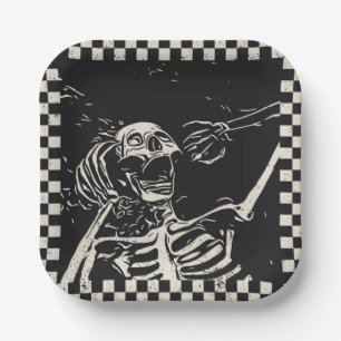 Halloween Scary Skeleton Black White Chequered Paper Plate