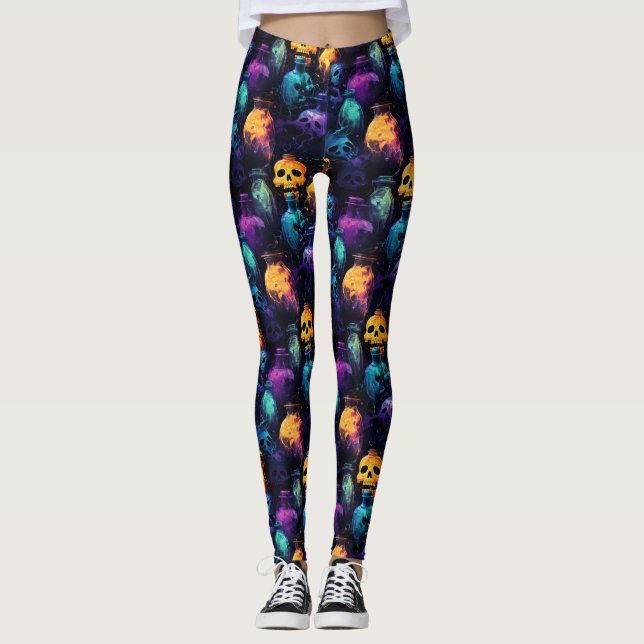 Halloween Scary Skull Orange Purple Blue Glow Leggings (Front)