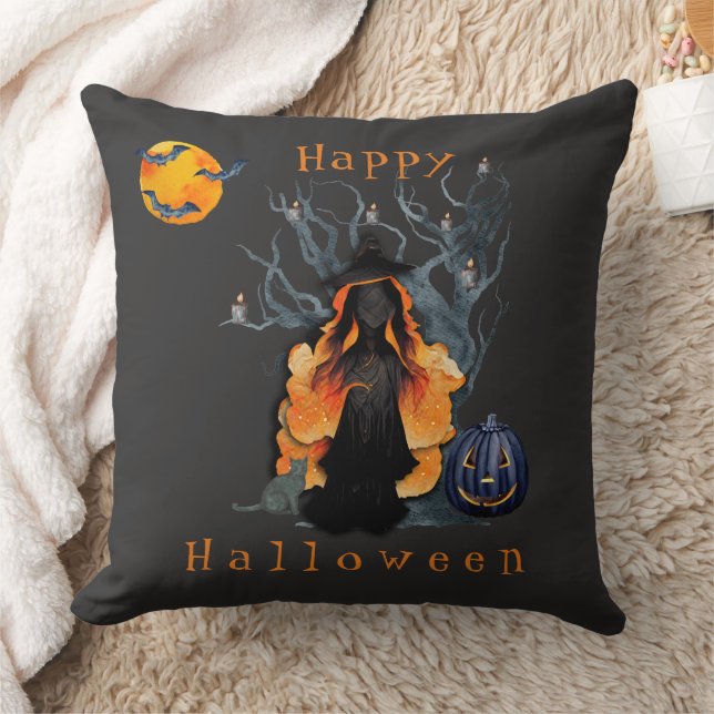 Halloween Scene Fiery Witch in Moonlight Cushion (Blanket)