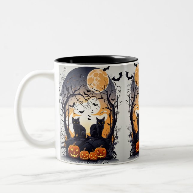halloween scene with black cats, spiders  pumpkin Two-Tone coffee mug (Left)