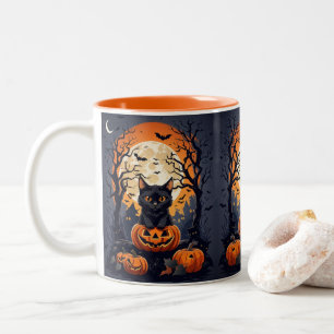 halloween scene with black cats Two-Tone coffee mug