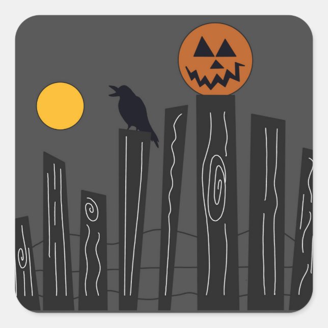 Halloween scene with pumpkin, crow and moon  square sticker (Front)