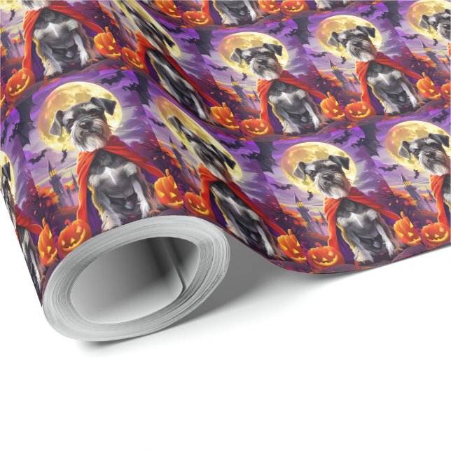 Halloween Schnauzer Vampire Pumpkins Scary Wrapping Paper (Roll Corner)