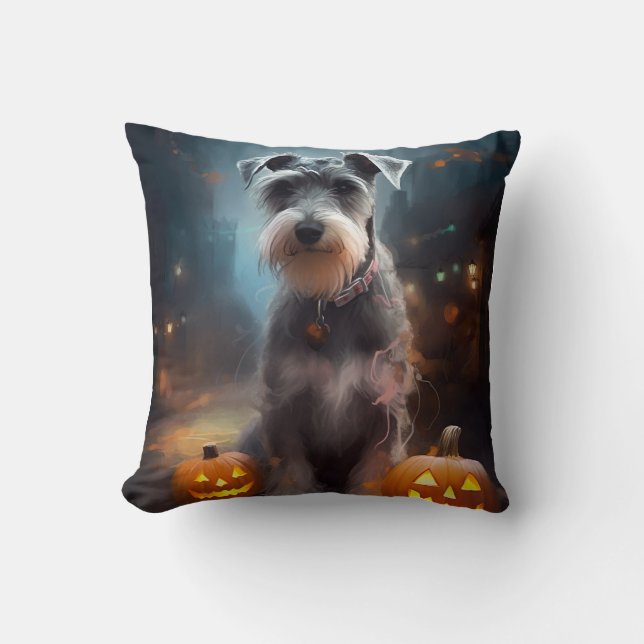 Halloween Schnauzer With Pumpkins Scary Cushion (Front)