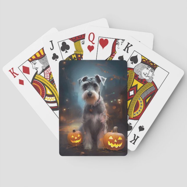 Halloween Schnauzer With Pumpkins Scary Playing Cards (Back)