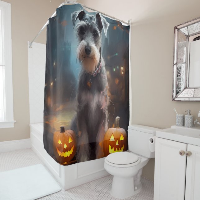 Halloween Schnauzer With Pumpkins Scary Shower Curtain (In Situ)