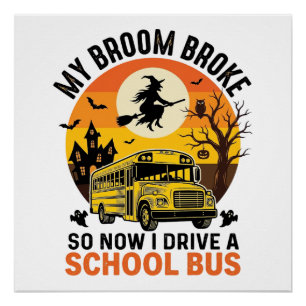 Halloween School Bus Witch Vintage Teacher Design_ Poster