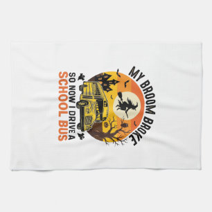 Halloween School Bus Witch Vintage Teacher Design_ Tea Towel