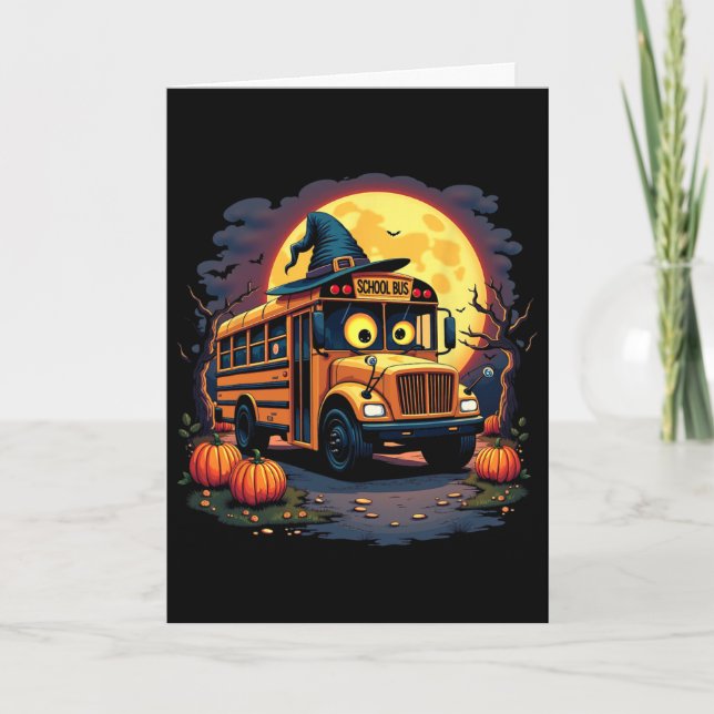 Halloween School Bus With Witch Hat And Pumpkins S Card (Front)