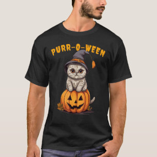 Halloween Scottish Fold Cat Pumpkin Purr-o-ween T-Shirt