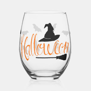 Halloween Script Witch Hat Bats & Broom Stemless Wine Glass