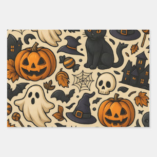 Halloween Seamless Pattern – Pumpkins, Ghosts, Cat Wrapping Paper Sheet