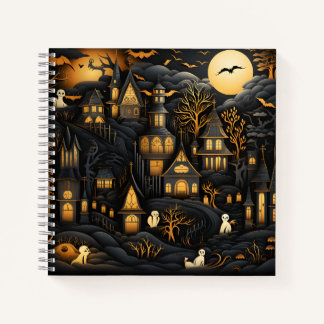 Halloween Seamless Pattern White Ghosts In Town Notebook