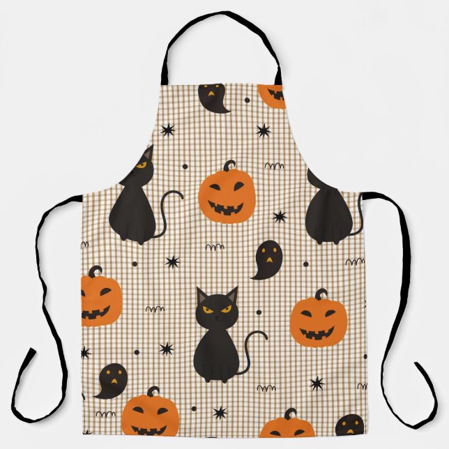 Halloween seamless pattern with black cat and ghos apron (Front)