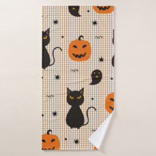 Halloween seamless pattern with black cat and ghos bath towel