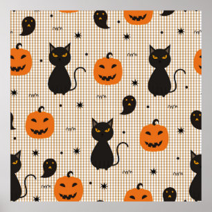 Halloween seamless pattern with black cat and ghos poster